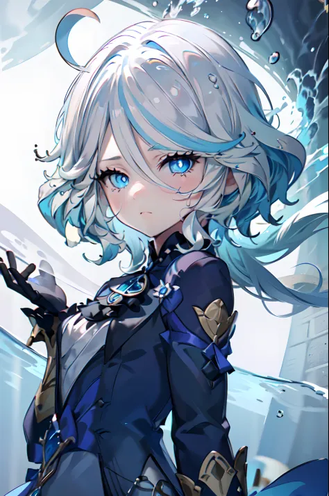 masterpiece, best quality, 1girl, furina, genshin impact, white hair, blue hair, cute, tear shaped pupils, sad, cry, water, underwater, air bubbles, submerged, fish