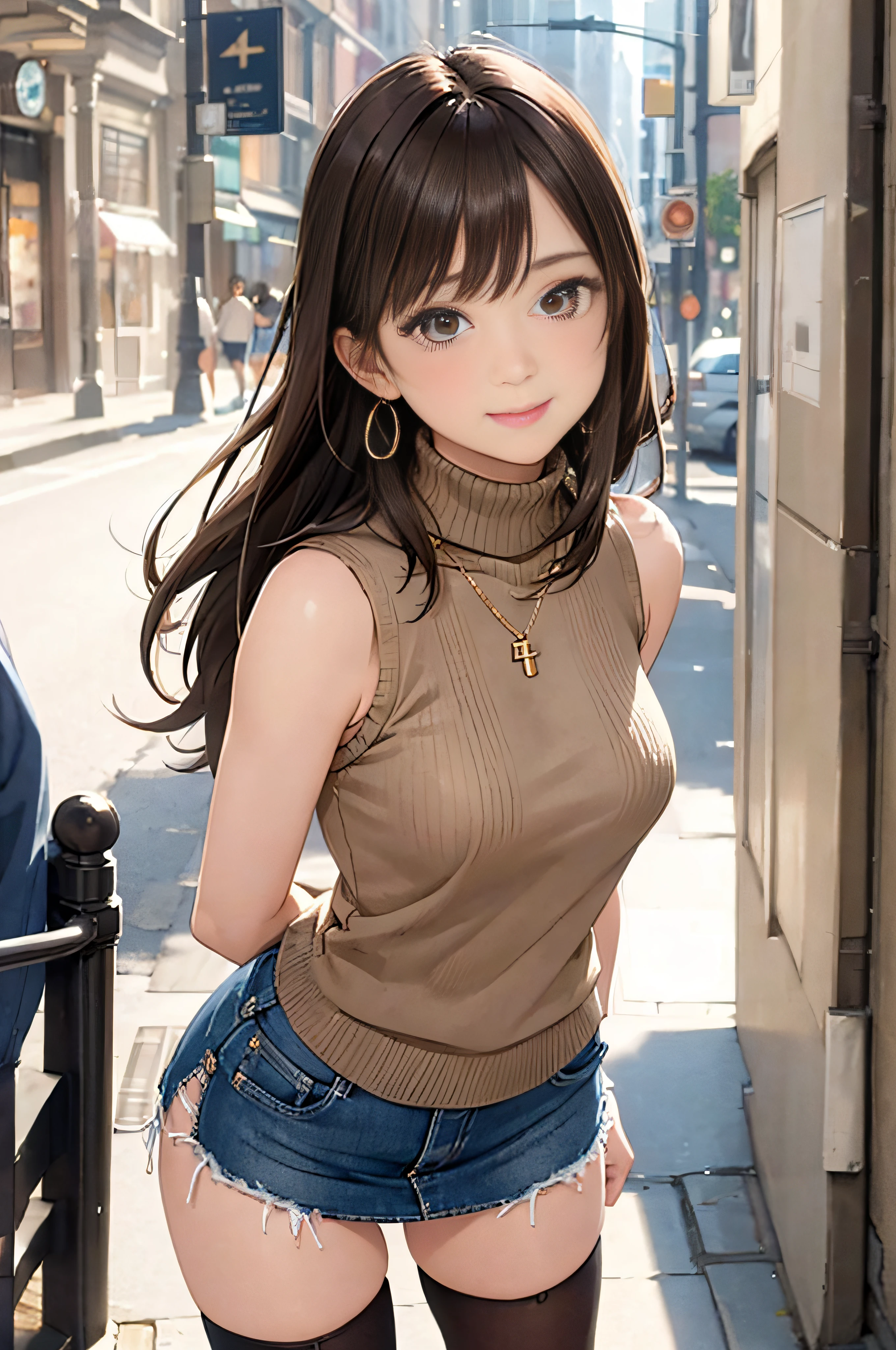 (Beige Turtleneck Sleeveless Knit)、Denim Mini Skirt、20 year old girl, breasts of medium size,, Puffy nipple、Forward bends with emphasis on the chest、brown haired、Long Wave Hair,in the city street, a necklace、Earring、knee high stockings、high-heels ((Very detailed)), Shy smile、Kamimei、(Perfectly detailed face), (Well detailed hands) Photorealistic images、full body seen、emphasis on the buttocks