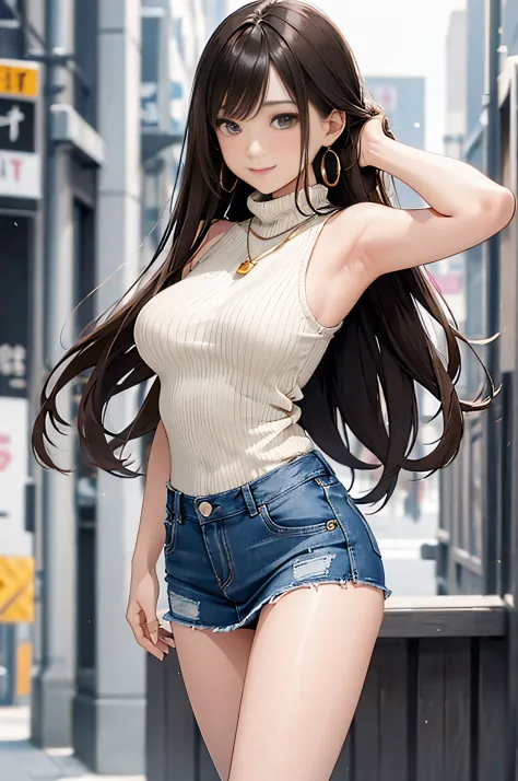 (Light Beige Turtleneck Sleeveless Knit)、Denim Mini Skirt、20 year old girl, breasts of medium size,, Puffy nipple、Forward bends with emphasis on the chest、brown haired、Long Wave Hair,in the city street, a necklace、Earring、knee high stockings、high-heels ((V...