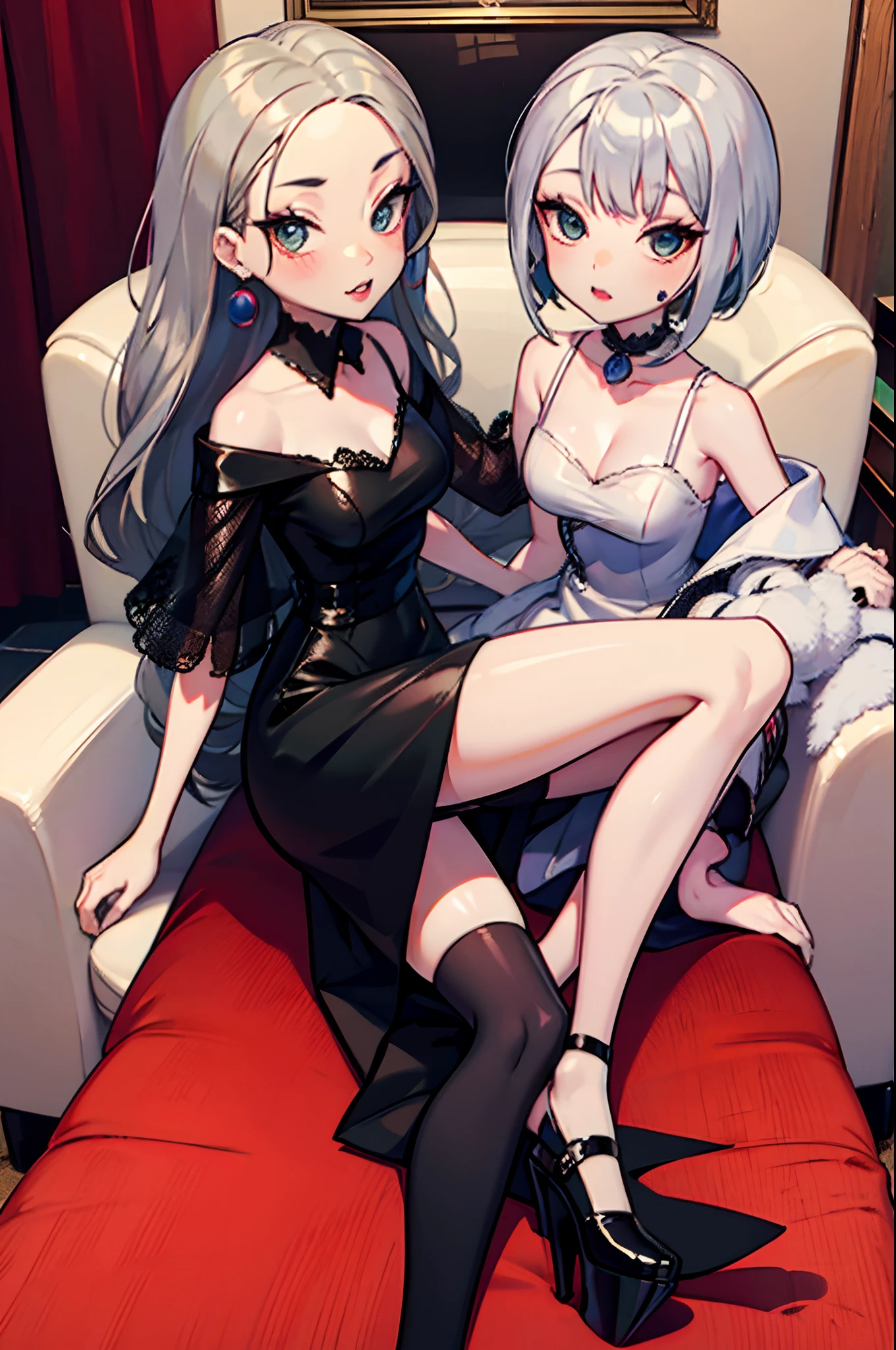 Anime - style image of two women in black dresses sitting on a red couch -  SeaArt AI