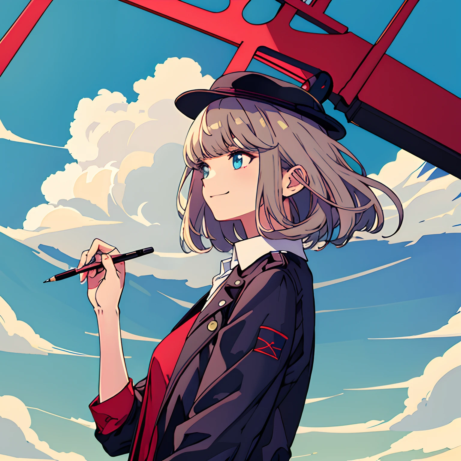 Masterpiece artwork, intricate-detail, best qualityer, blue sky background, sky clear, 1girl, 独奏, painter, capture from the waist up, standingn, notebooks and pen in hand, looking at side, Grinning, painting on a board, brush in hand, English hat, apron, mid hair, hair blonde, english clothes, long sleeves, from sideways, perfil,