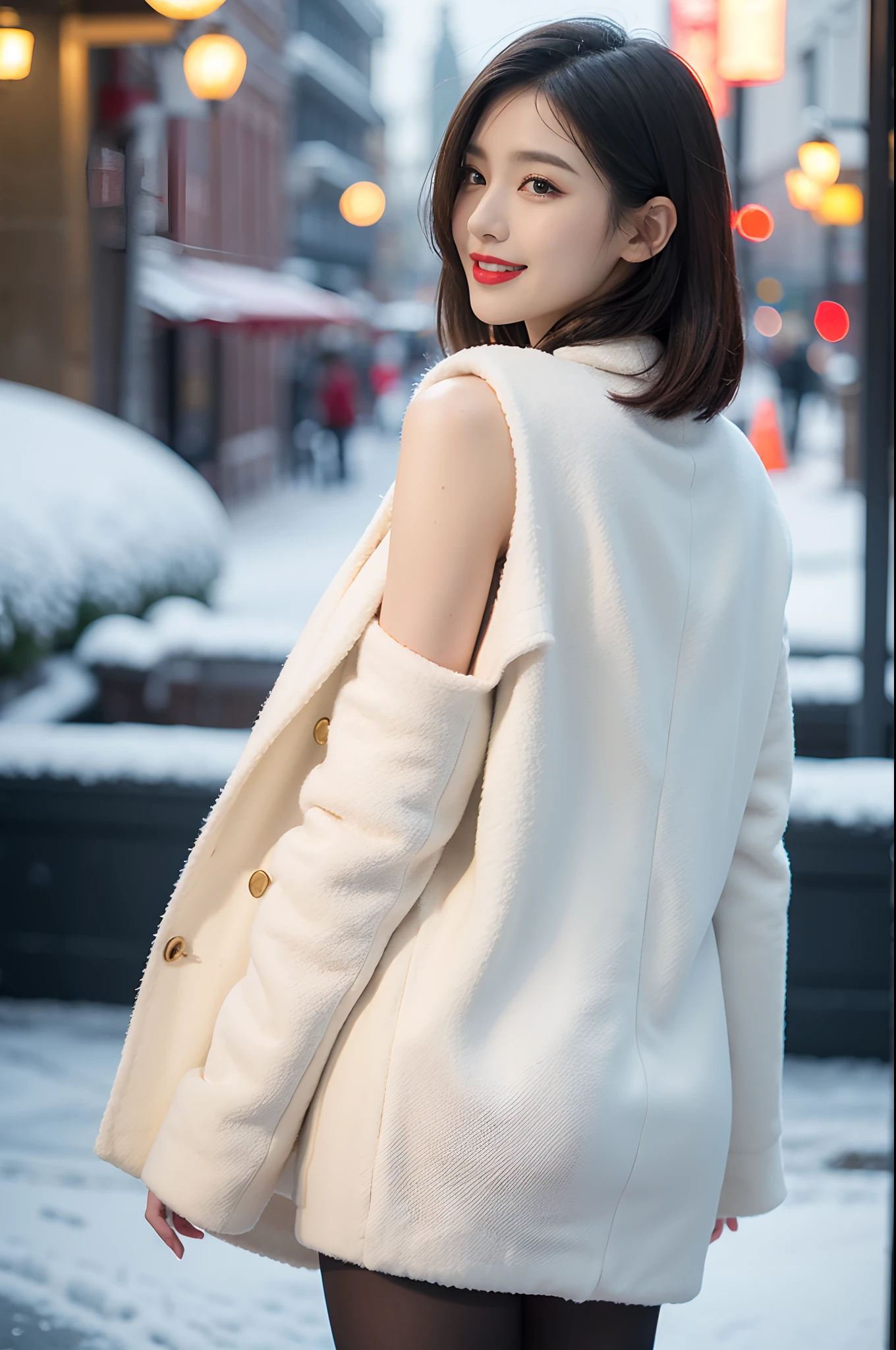 best quality, 4k, 8k, Detailed face, clear face, a pretty girl,Exquisite Makeup, Red lips,laugh, perfect body,shoulder-length straight bob hair,small head,small face,big watery eyes,small breasts,thigh,slim,thin, The girl wears a wide white mink fur coat, Underneath the jacket was White sweater and pantyhose, Snowscape, winter, snow town,from back