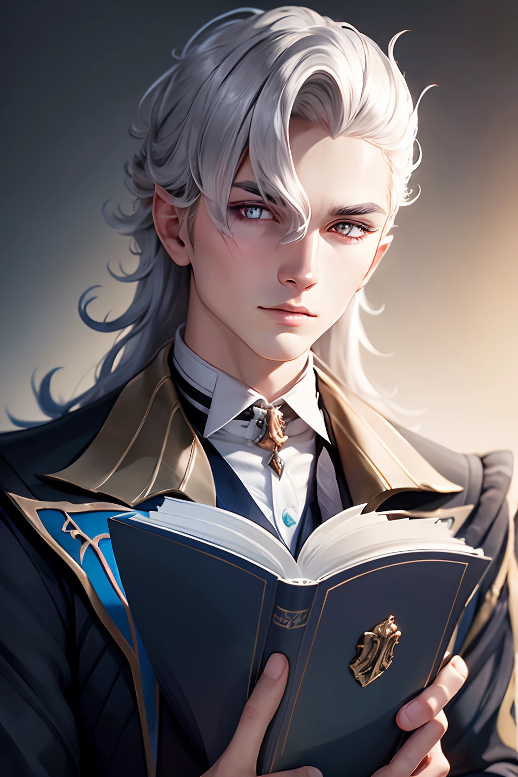 (best quality,studio lighting),(neuvillette:1.1),25-years-old,school uniform,gray hair,smart look,holding a book,glowing eyes,1 man,portrait,large torso