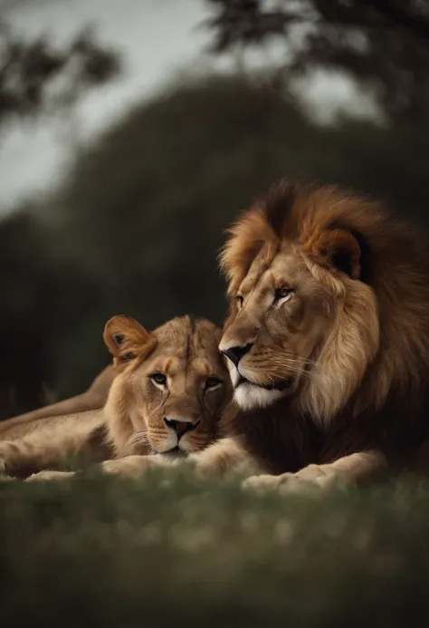 Two lions are standing next to each other on a dirt road - SeaArt AI