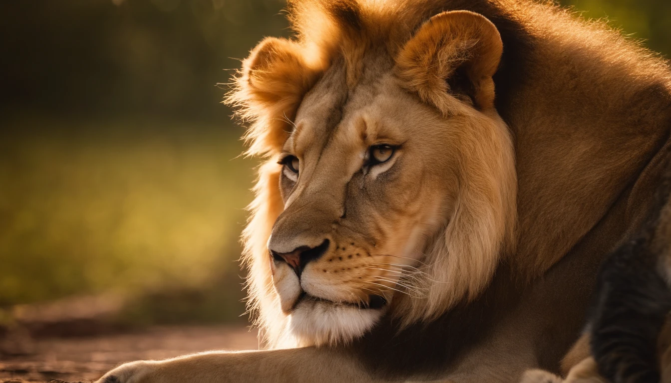 A close up of a lion laying down on a dirt ground - SeaArt AI