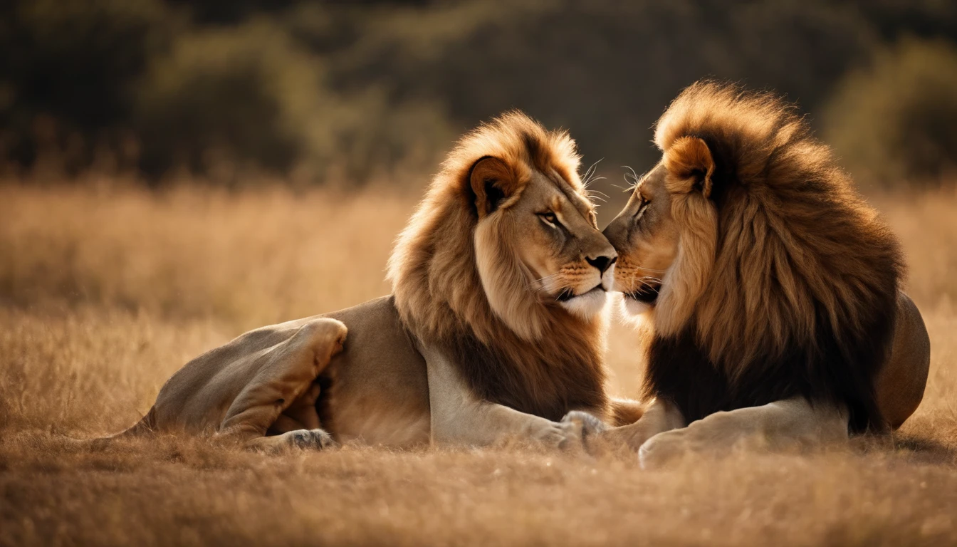 Two lions sitting in a field with their heads touching - SeaArt AI