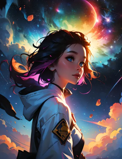 Girl standing in the clouds, stars floating around her, brilliant colors, amazing swirls of cosmic dust, colorful vibrant, light...