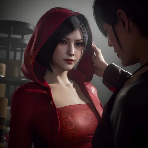 Ada wong, beautiful face, detailed, bob hair, perfect Face, wearing mini red dress hoody, wearing hoody, black nail polish, frie...