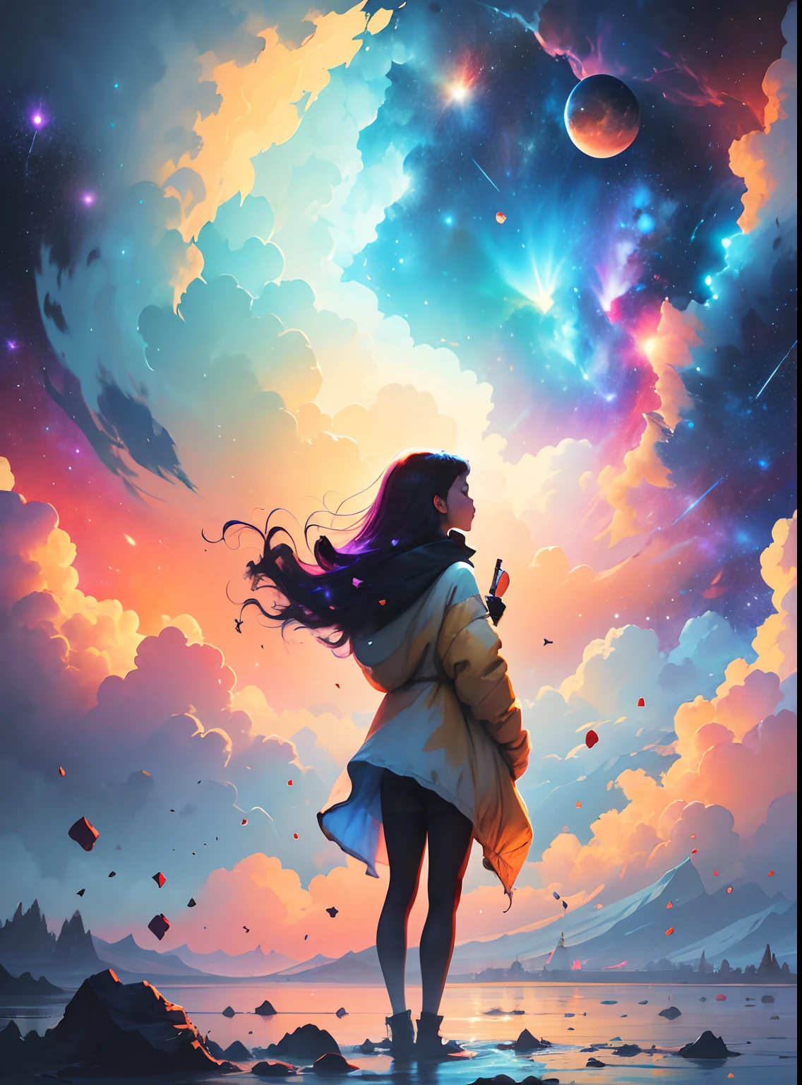 站在云端的女孩, 星星围绕着她, 絢麗色彩, 令人惊叹的宇宙尘埃漩涡, 色彩缤纷，充满活力, 輕粒子, 水彩畫, 潑墨藝術,