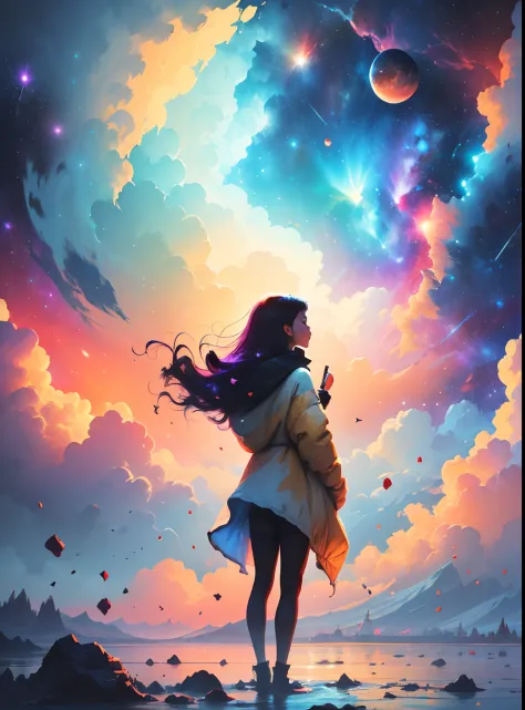 Girl standing in the clouds, stars floating around her, brilliant colors, amazing swirls of cosmic dust, colorful vibrant, light...
