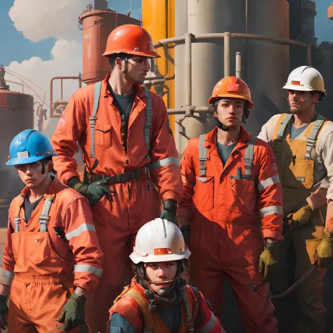 A group of workers wearing orange overalls and helmets pose for a photo, Seguro para o trabalho.CGSesociedade, Seguro para o tra...