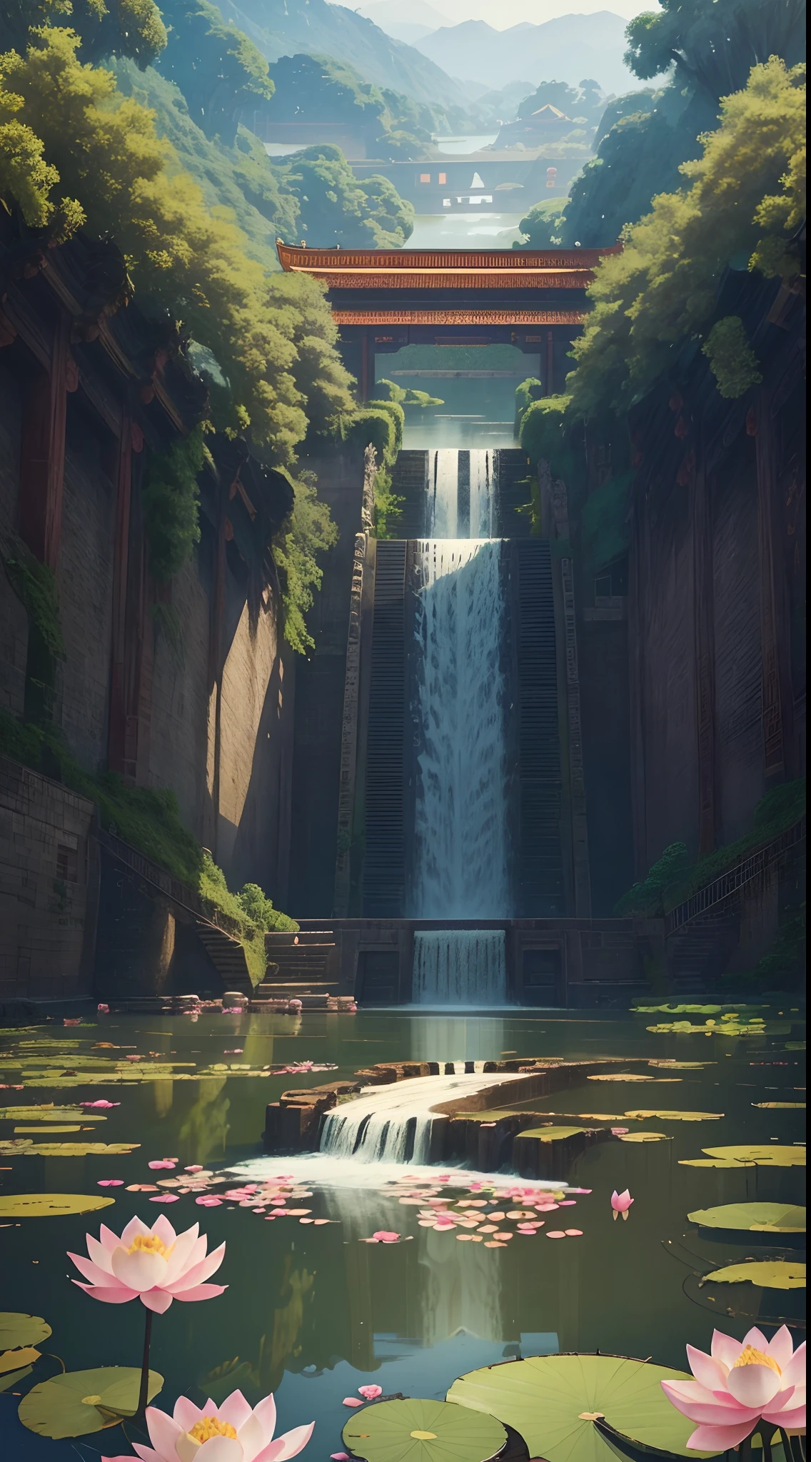 Composition, Illustration, Wide-shot, Lotus flowers floating, passing through Ancient chinese water dam, camera centered on the lotus flowers, ancient chinese scenery, nature, beautiful, super intricate, elegant, hyper detailed, Best quality, 8k uhd, no flaws.