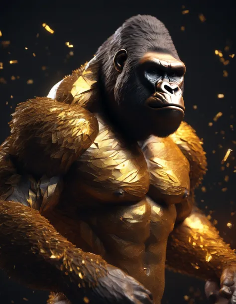 A big muscular Gorilla, paper origomi, cinematic light, golden particles, shallow depth of field, dark theme