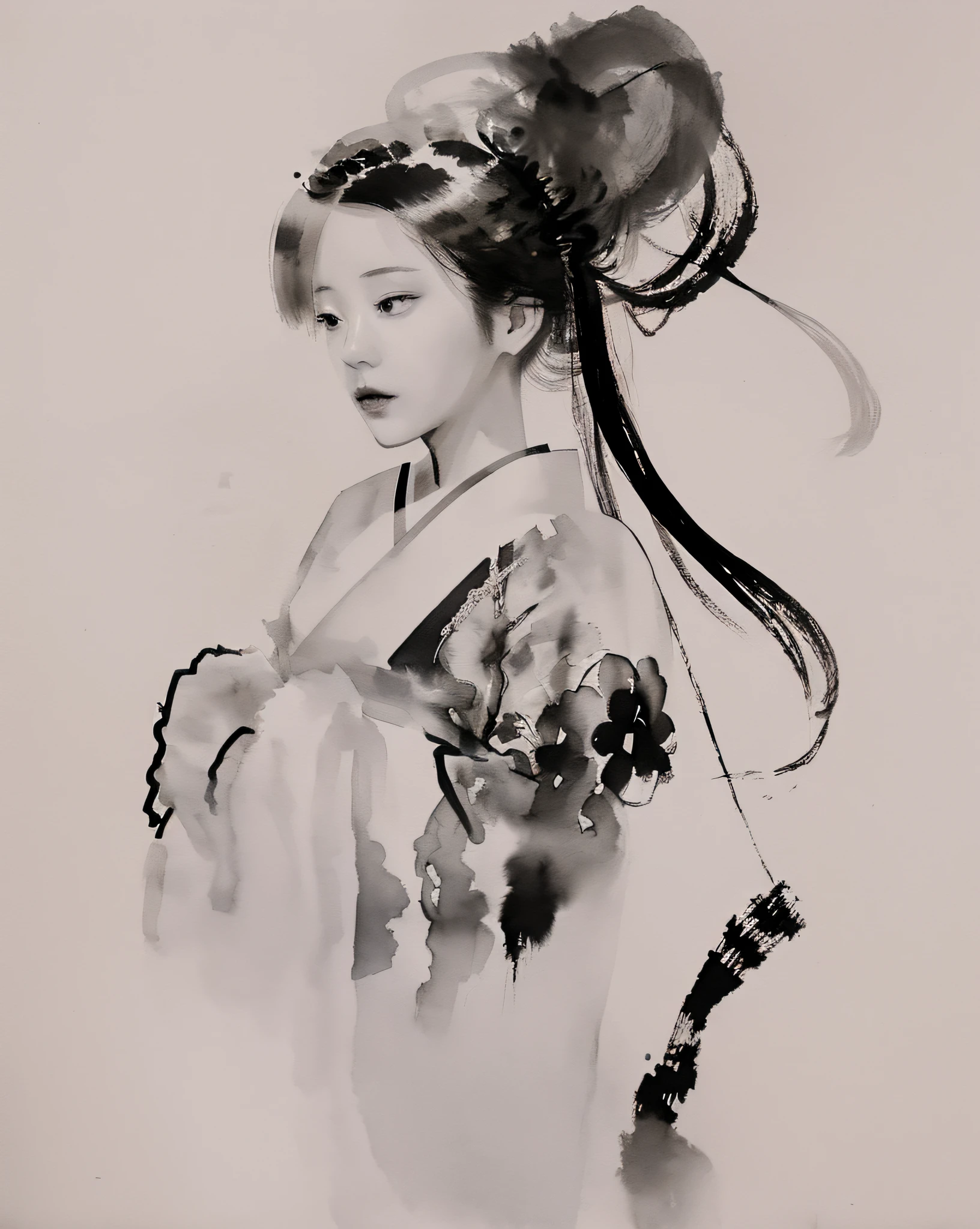 盛开, 单色, 水墨素描, 1名女性, 亚洲 (年轻女性), (长发), 看着观众, 长发, 飘逸的头发, Hanfu, 中国衣服, 长袖, (抽象墨水飞溅:1.2), 白色背景