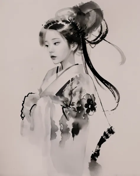 zydink, monochrome, ink sketch, 1women, asian (young women), (long hair), looking at viewer, long hair, floating hair, hanfu, ch...