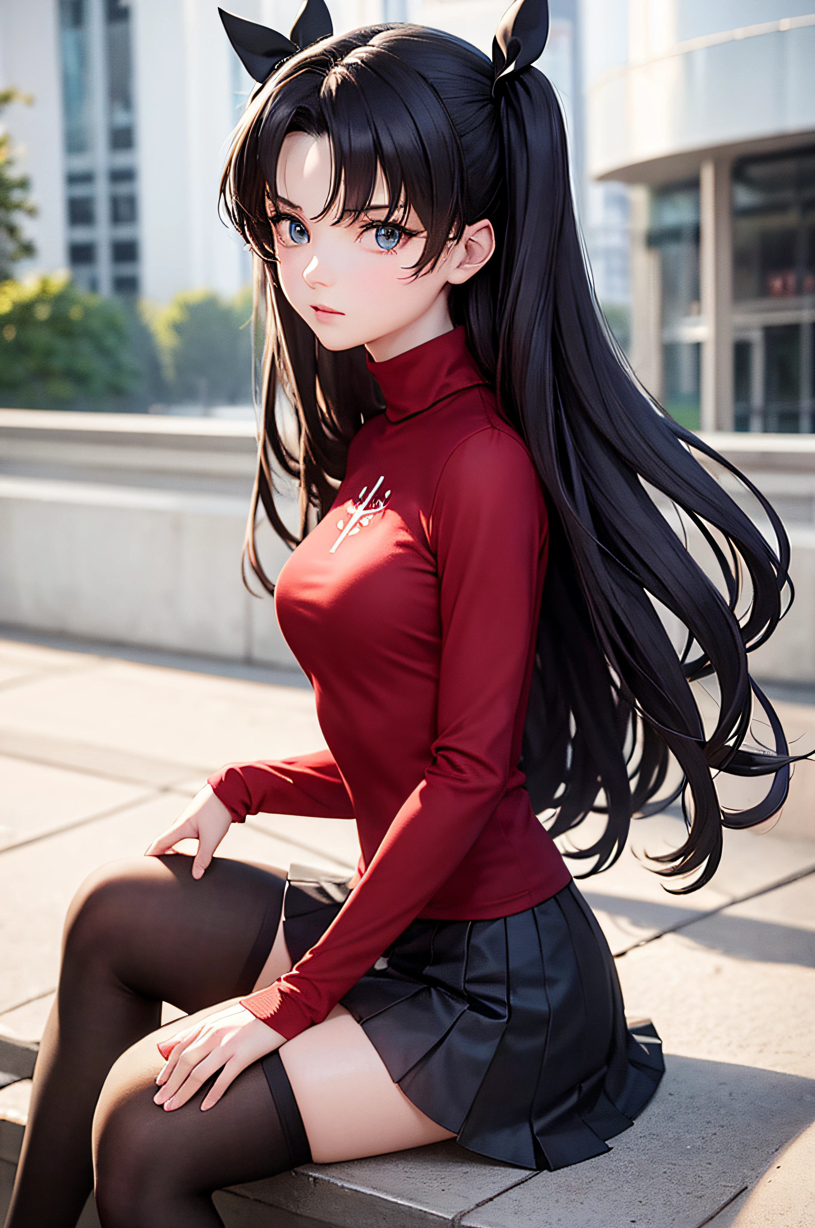 (obra maestra), mejor calidad, ojos expresivos, cara perfecta, 1 chica, solo, rintohsaka, rin tohsaka, ojos aguamarina, pelo negro, hair cinta, pelo largo, cinta, cerraduras laterales, dos lados hacia arriba, black falda, black muslos, mangas largas, minifalda, pleated falda, ((red suéter)), falda, suéter, muslos, suéter tipo con cuello de tortuga, Fondo de la ciudad, Sesión, hoja de personaje, Parte superior del cuerpo, Retrato, mirando al espectador