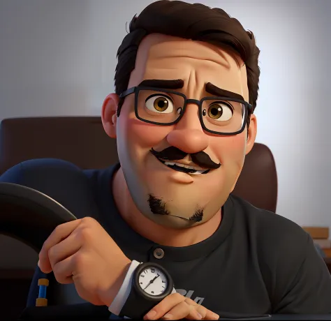 Poster no estilo Disney pixar, alta qualidade, melhor qualidade, homem marketeiro, 23 years old short hair black mustache with background in a marketing agency