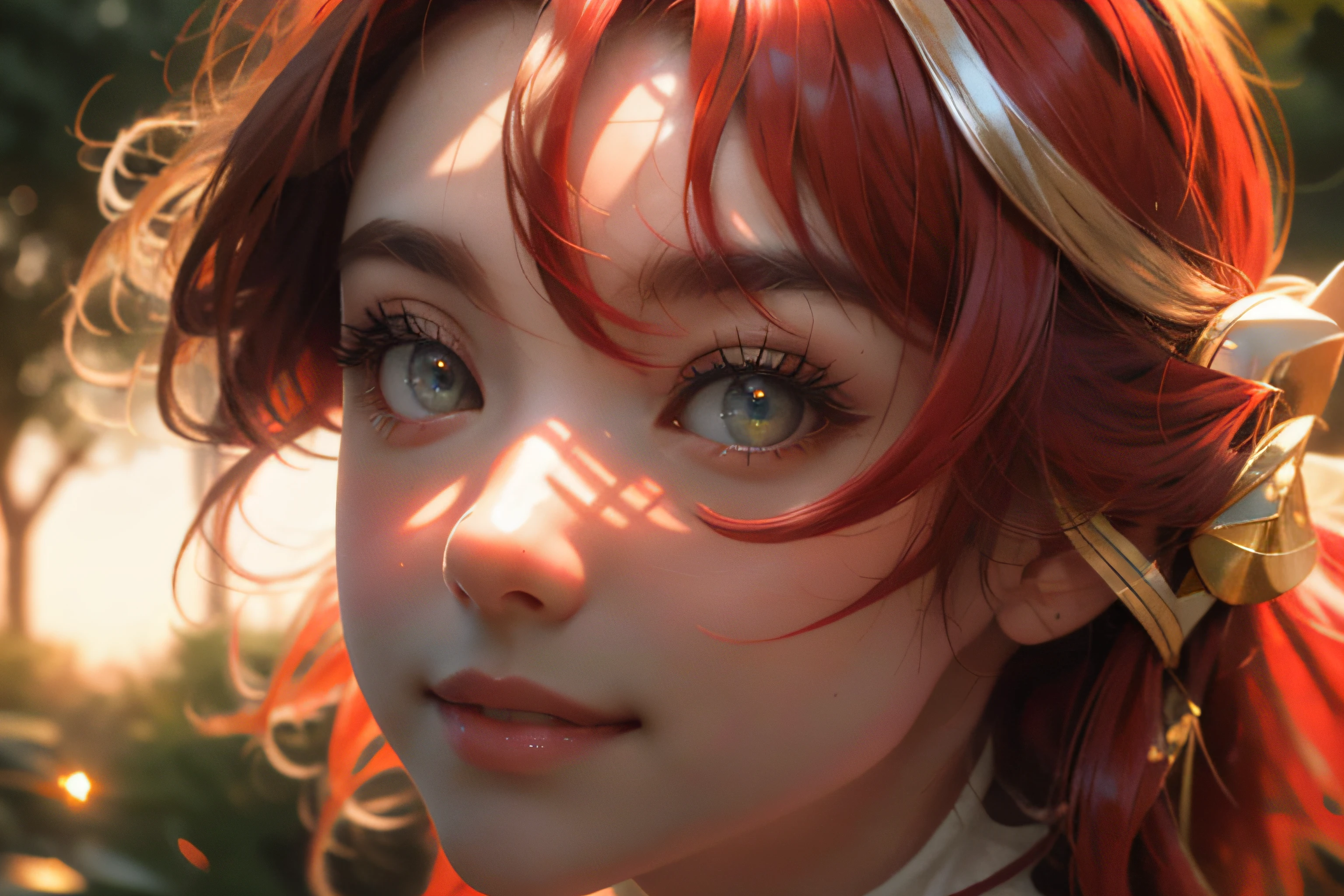 (masterpiece:1.2), best quality, expressive eyes, perfect face, tiese, red eyes, detailed eyes, red hair, smiling, posing lovely, garden, sunset, lens flares