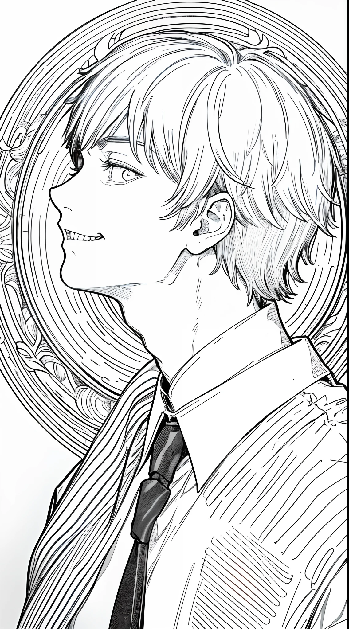masterpiece, best quality, high quality, ultra detailed, upper body, 1boy, solo, Denji, smirk, evil grin, sharp teeth, white office shirt, black necktie, short hair, profile close-up, line art, lineart,  white background, monochrome, line drawing, (((looking at viewer)))