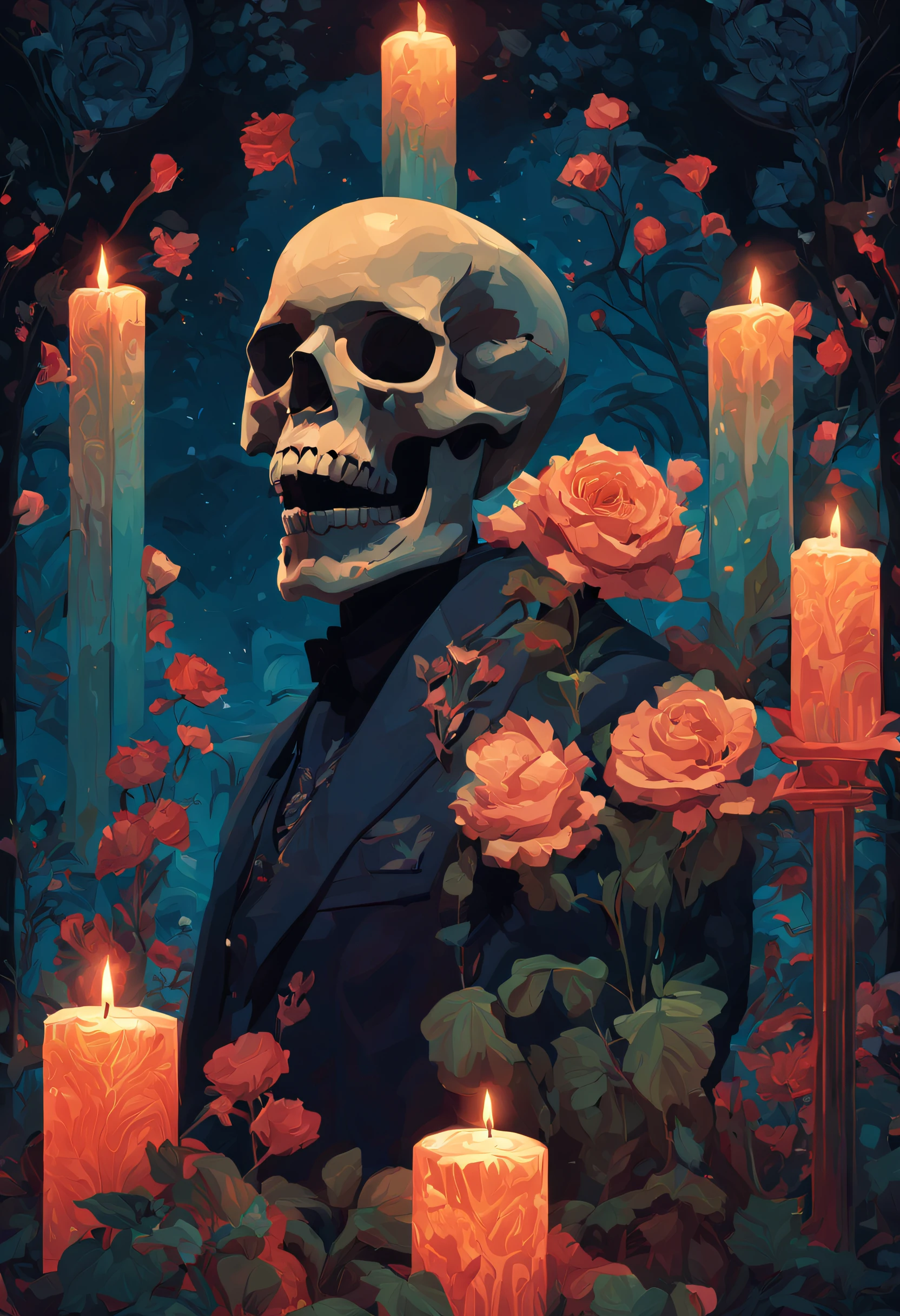 Art deco masterpiece, alpha male, at night, cemetery, flowers, skull, nightmare, candles, intricately detailed, sharp focus, extremely detailed, dark fantasy, glowing, colorful painting, rich color, HDR, octane render, digital illustration, cinematic light, art by [ Sachin Teng, Alphonse Mucha, Jean Dupas, Eugène Grasset ]