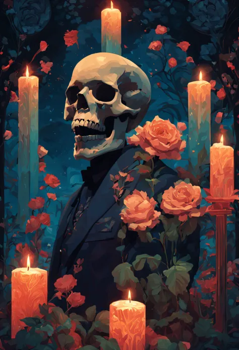 Art deco masterpiece, alpha male, at night, cemetery, flowers, skull, nightmare, candles, intricately detailed, sharp focus, ext...