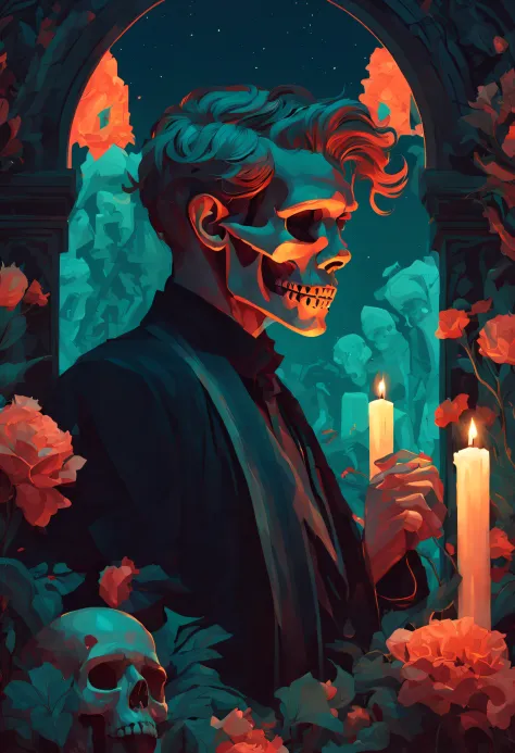 Art deco masterpiece, alpha male, at night, cemetery, flowers, skull, nightmare, candles, intricately detailed, sharp focus, ext...