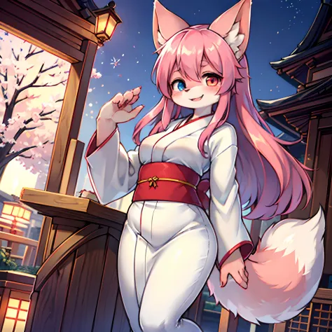 Absurd, furry, Female furry, a girl, Full body, けもの, fox tail(Dark pink tail.), Fox's ears(Dark pink ears.), Skin hair(Dark Pink...