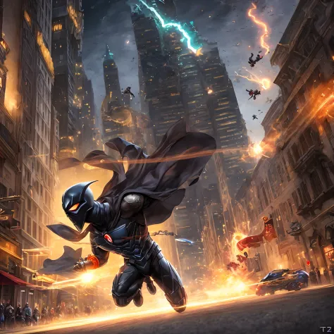 Quadro 1: [Shows a backdrop of a bustling city with people walking on the sidewalk. A masked hero flies in the sky with a confid...