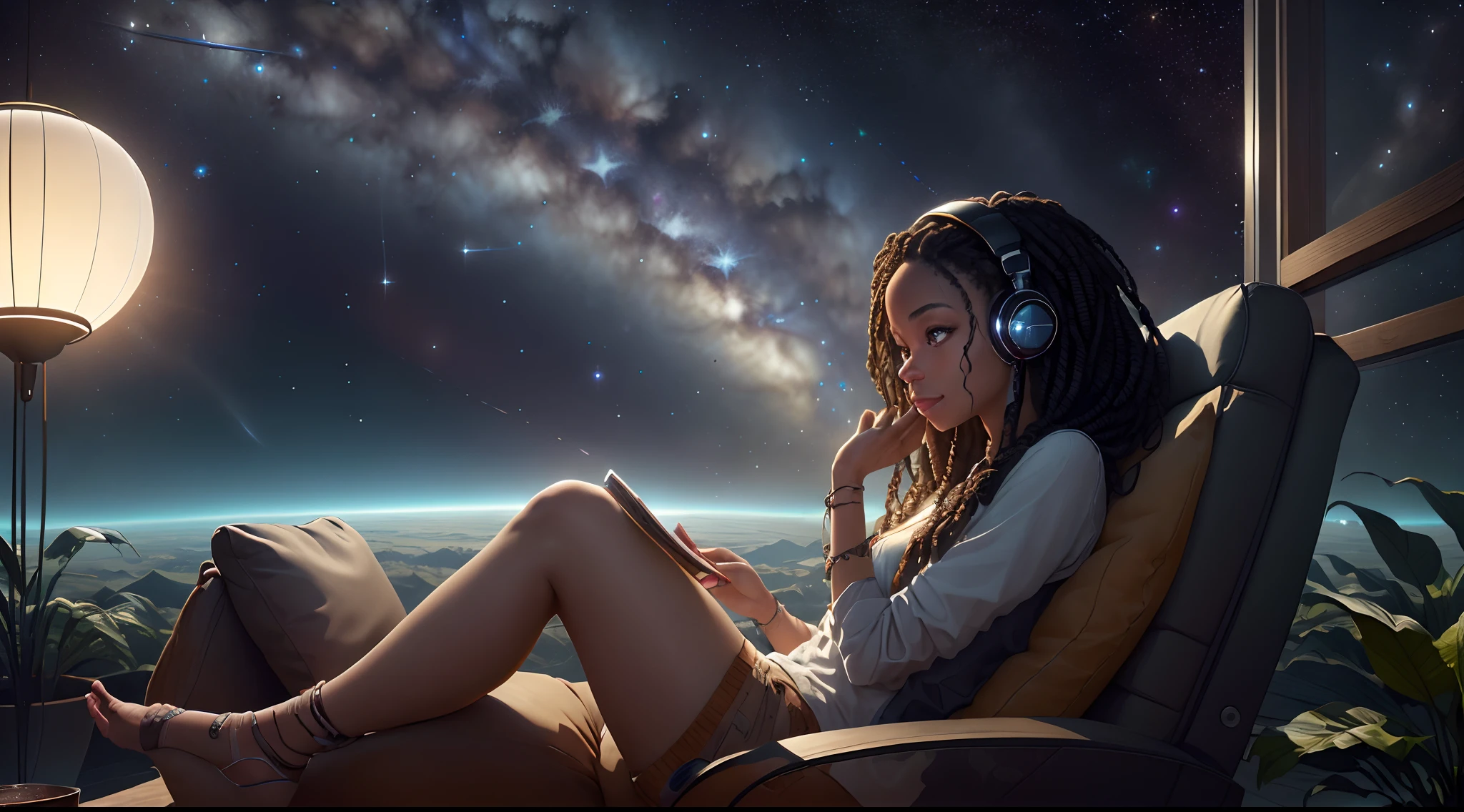 A 25-year-old, happy African woman with long braided hair, green eyes, and headphones lays on her couch, her mind lost in thought. She is transported to a place where anything is possible, where she can create new worlds and explore new ideas. The stars in the night sky invite one to sit back, relax, and lose yourself in the magic of the universe. (best quality), (8k), (top quality)