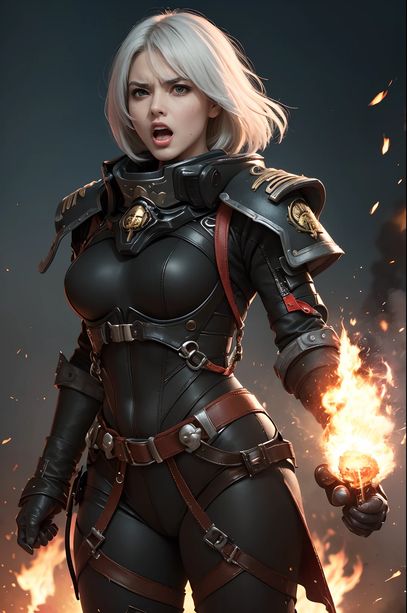 (Highest image quality, outstanding details, ultra-high resolution), 1 girl, suit((futuristic military outfit, adepta sororitas, military harness, military gears such as pouches)), (glamour body, curvy body, buffed and muscular body, tight abs, ), background(warfare background including explosion and flame), (open mouth and shout out for war cry, angry expression, aggressive expression, pointing to a direction, advancing forward, dynamic pose), white hair, cowboy shot, low angle,