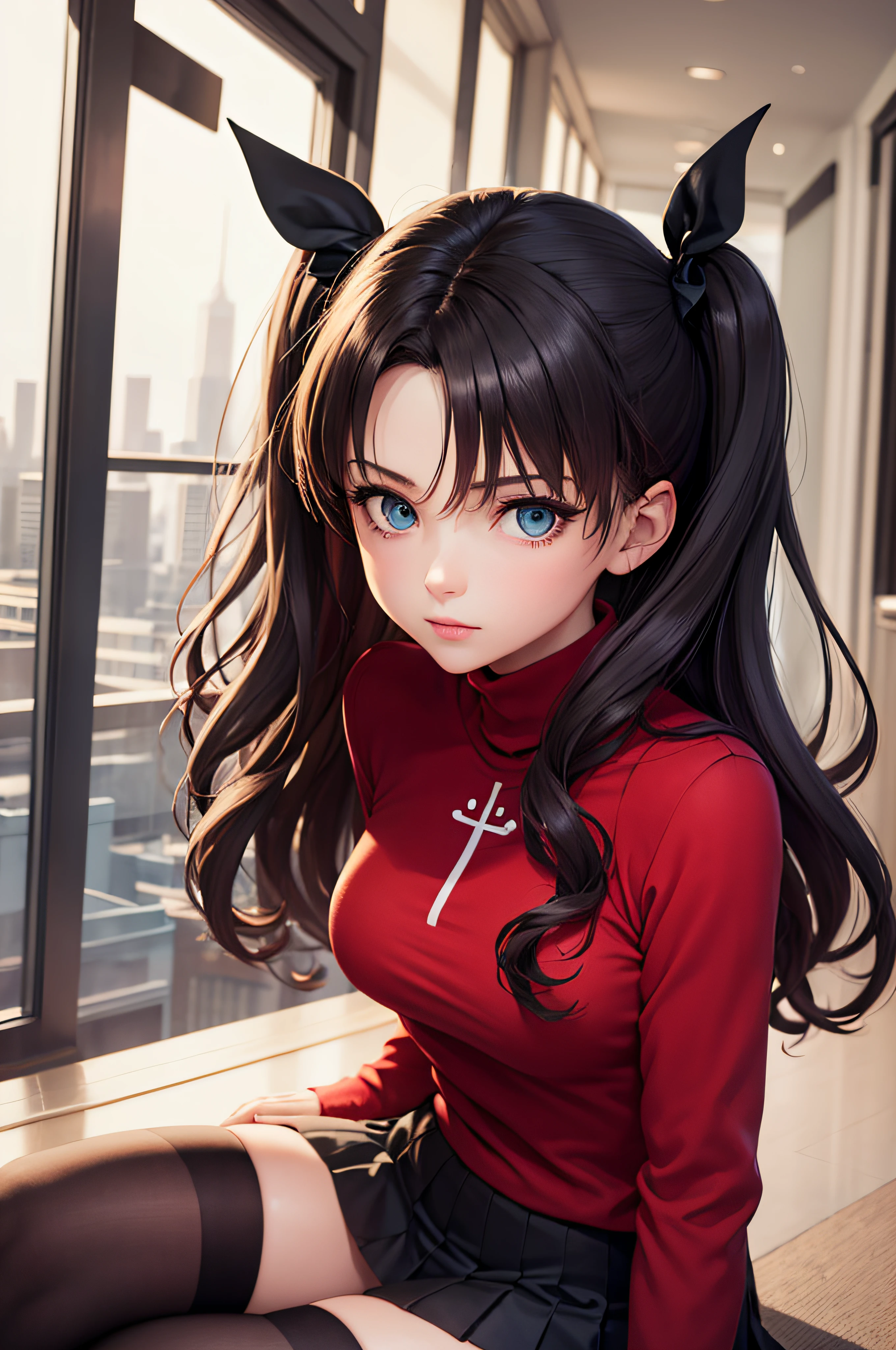 (obra maestra), mejor calidad, ojos expresivos, cara perfecta, 1 chica, solo, rintohsaka, rin tohsaka, ojos aguamarina, pelo negro, hair cinta, pelo largo, cinta, cerraduras laterales, dos lados hacia arriba, black falda, black muslos, mangas largas, minifalda, pleated falda, ((red suéter)), falda, suéter, muslos, suéter tipo con cuello de tortuga, Fondo de la ciudad, Sesión, hoja de personaje, Parte superior del cuerpo, Retrato, mirando al espectador