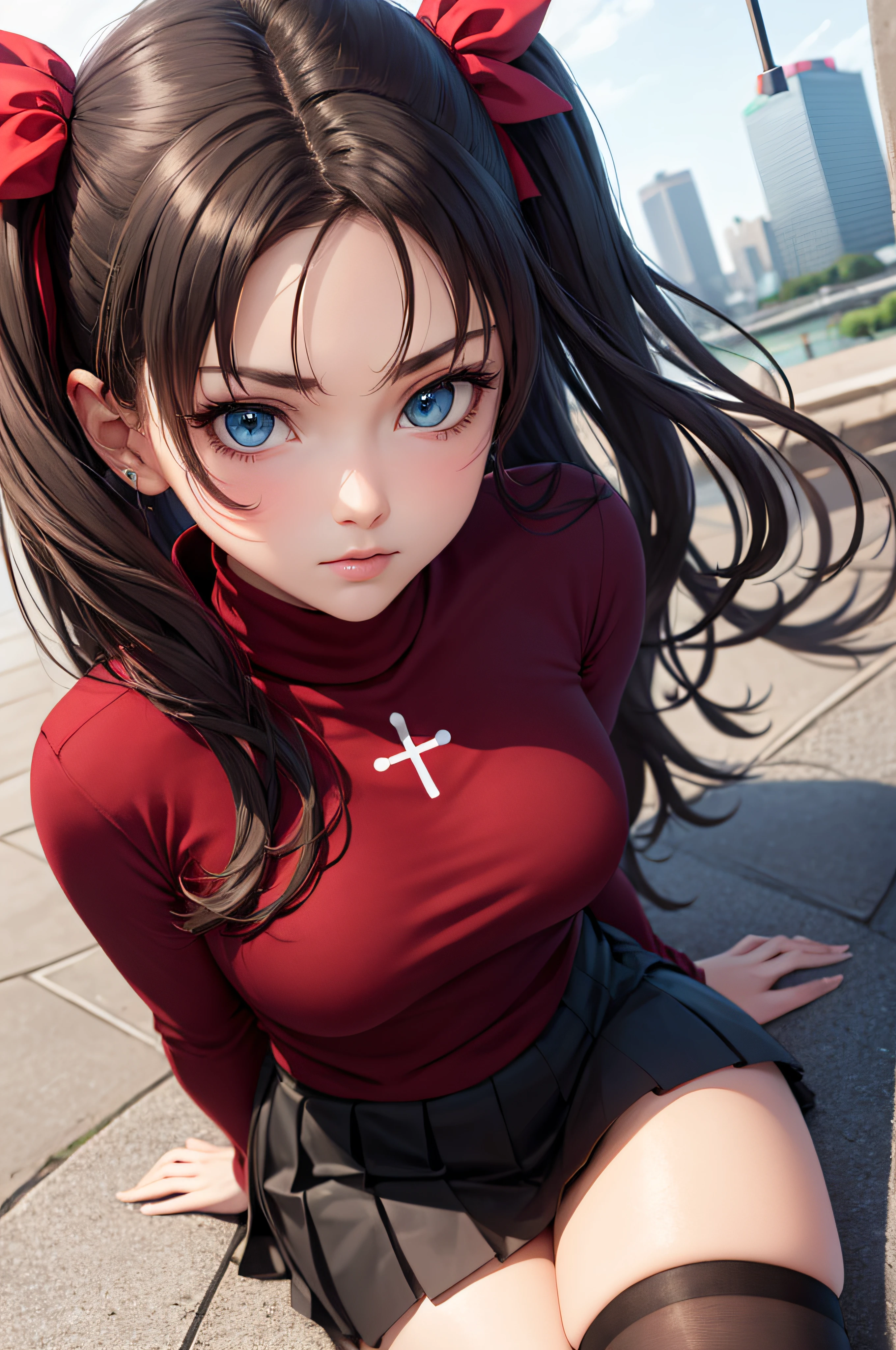 (chef-d&#39;œuvre), meilleure qualité, yeux expressifs, visage parfait, 1fille, seulement, Rintohsaka, Rin Tohsaka, yeux aqua, cheveux noirs, hair ruban, cheveux longs, ruban, serrures latérales, deux côtés vers le haut, black jupe, black hauts de cuisse, manches longues, minijupe, pleated jupe, ((red pull-over)), jupe, pull-over, hauts de cuisse, col roulé, Contexte de la ville, séance, Feuille de personnage, haut du corps, portrait, regarder le spectateur