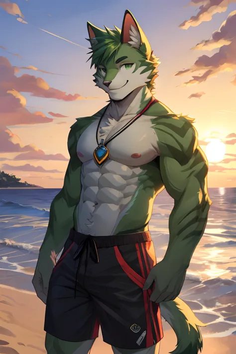 (Best Quality), 1Male, Adult, Anthropomorphic Green Feline Cat, Green Eyes, Green Furs, Green Medium Hair, Beach Outfit, Muscular Body, Short Pants, Good Looking, Smiling, Cool Pose, Sunset Background.