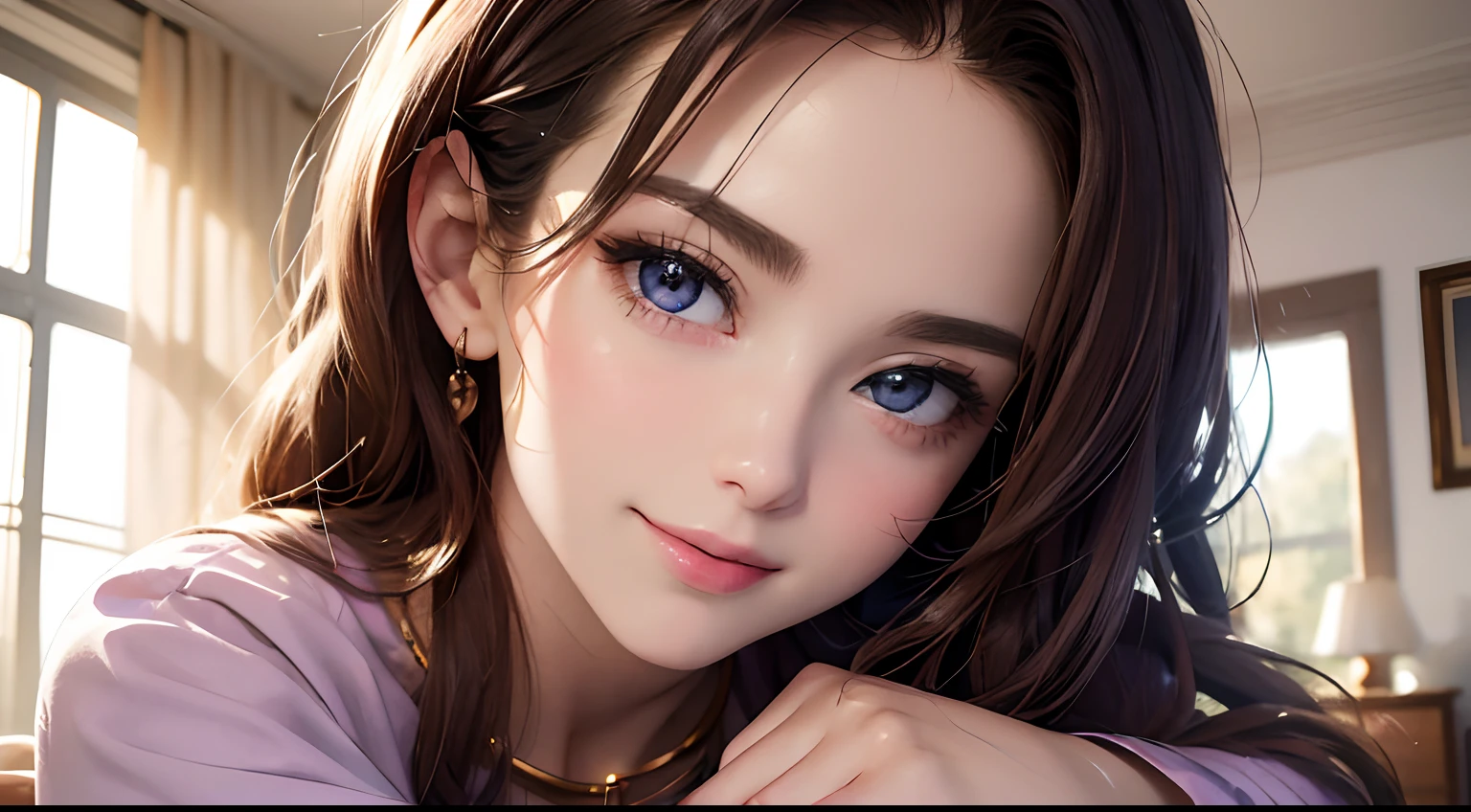 (Higher resolution, Distinct_image) beste-Qualit, The woman, Masterpiece, Highly detailed, semi-realistic, 21 old years, Beautiful, Young, a handsome, tshirt, lilac shirt stretched, collar around the neck, interior, Modern Room, Window, Wake up, morning, blusher, Smiling