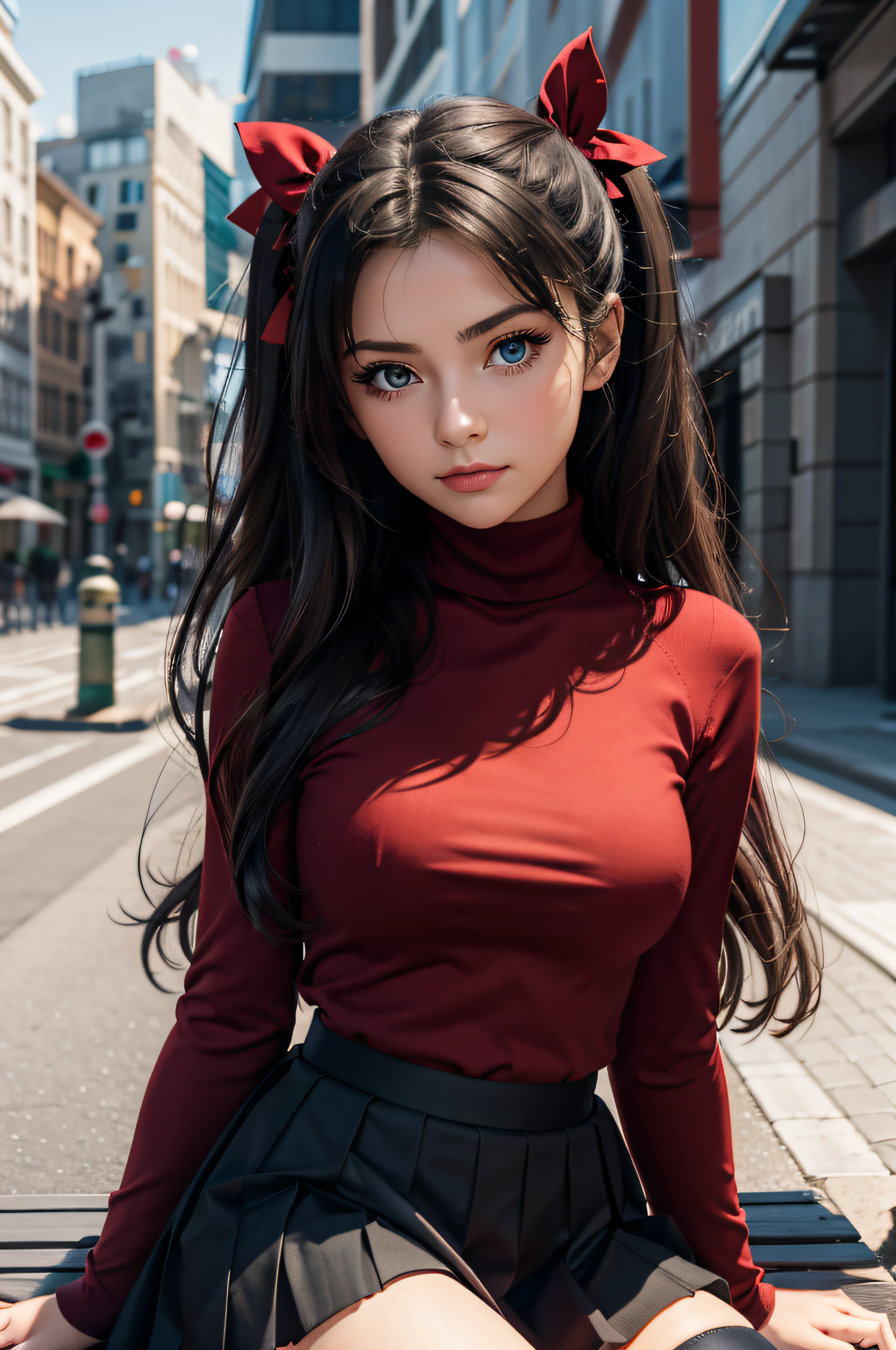 (obra maestra), mejor calidad, ojos expresivos, cara perfecta, 1 chica, solo, rintohsaka, rin tohsaka, ojos aguamarina, pelo negro, hair cinta, pelo largo, cinta, cerraduras laterales, dos lados hacia arriba, black falda, black muslos, mangas largas, minifalda, pleated falda, ((red suéter)), falda, suéter, muslos, suéter tipo con cuello de tortuga, Fondo de la ciudad, Sesión, hoja de personaje, Parte superior del cuerpo, Retrato, mirando al espectador