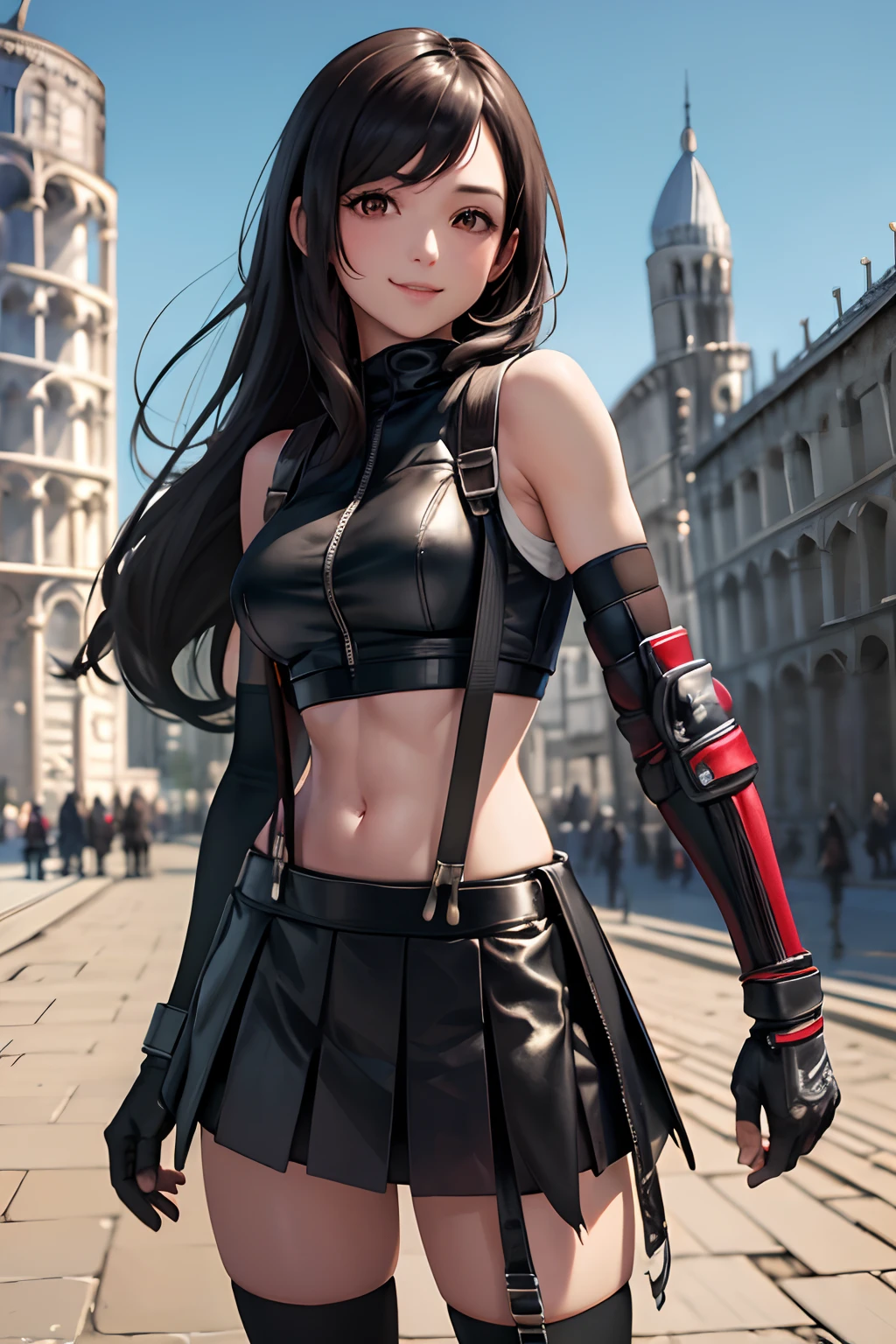 masterpiece, best quality, 7rtifa, crop top, arm guards, fingerless gloves, suspenders, pleated miniskirt, black thighhighs, upper body, standing, (leaning tower of pisa) in background, looking at viewer, smile