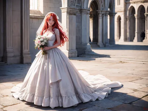 (full body shot editorial photo of 27 yo woman, red hair, slim French sweetheart), wearing a wedding dress, holding flowers, loo...