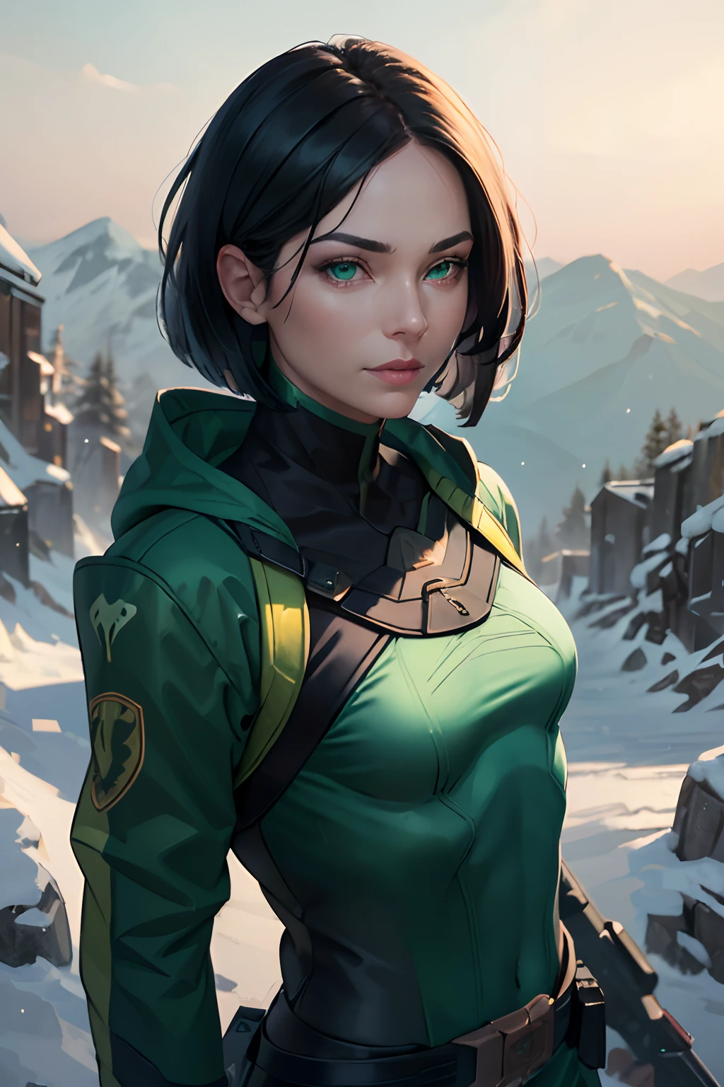(best quality, masterpiece:1.2), mature woman, detailed hair, detailed eyes, detailed lips, valorantViper, green eyes, glowing eyes, small mouth, (small breasts), [abs:0.4], climbing kit, winter clothes, green coat, looking at viewer, glare, no weapon, realistic colors, studio lighting, no mask, feel the breeze, cold mountain, smirk