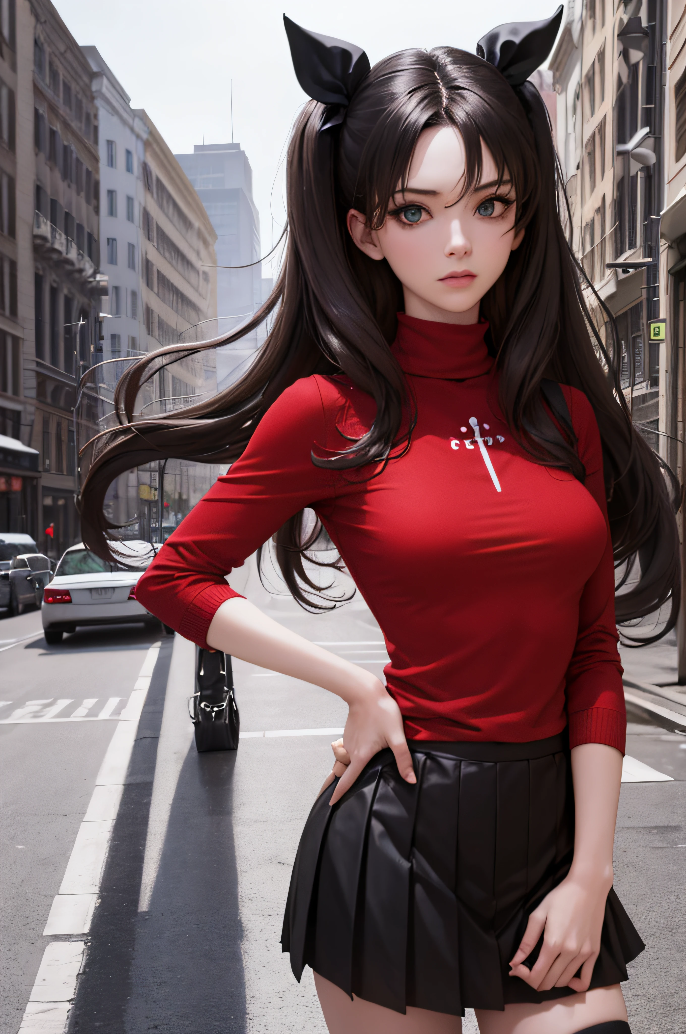 (masterpiece), best quality, expressive eyes, perfect face, 1girl, solo, rintohsaka, rin tohsaka, aqua eyes, black hair, hair ribbon, long hair, ribbon, sidelocks, two side up, black skirt, black thighhighs, long sleeves, miniskirt, pleated skirt, ((red sweater)), skirt, sweater, thighhighs, turtleneck, city background, sitting, character sheet, upper body, portrait, looking at viewer