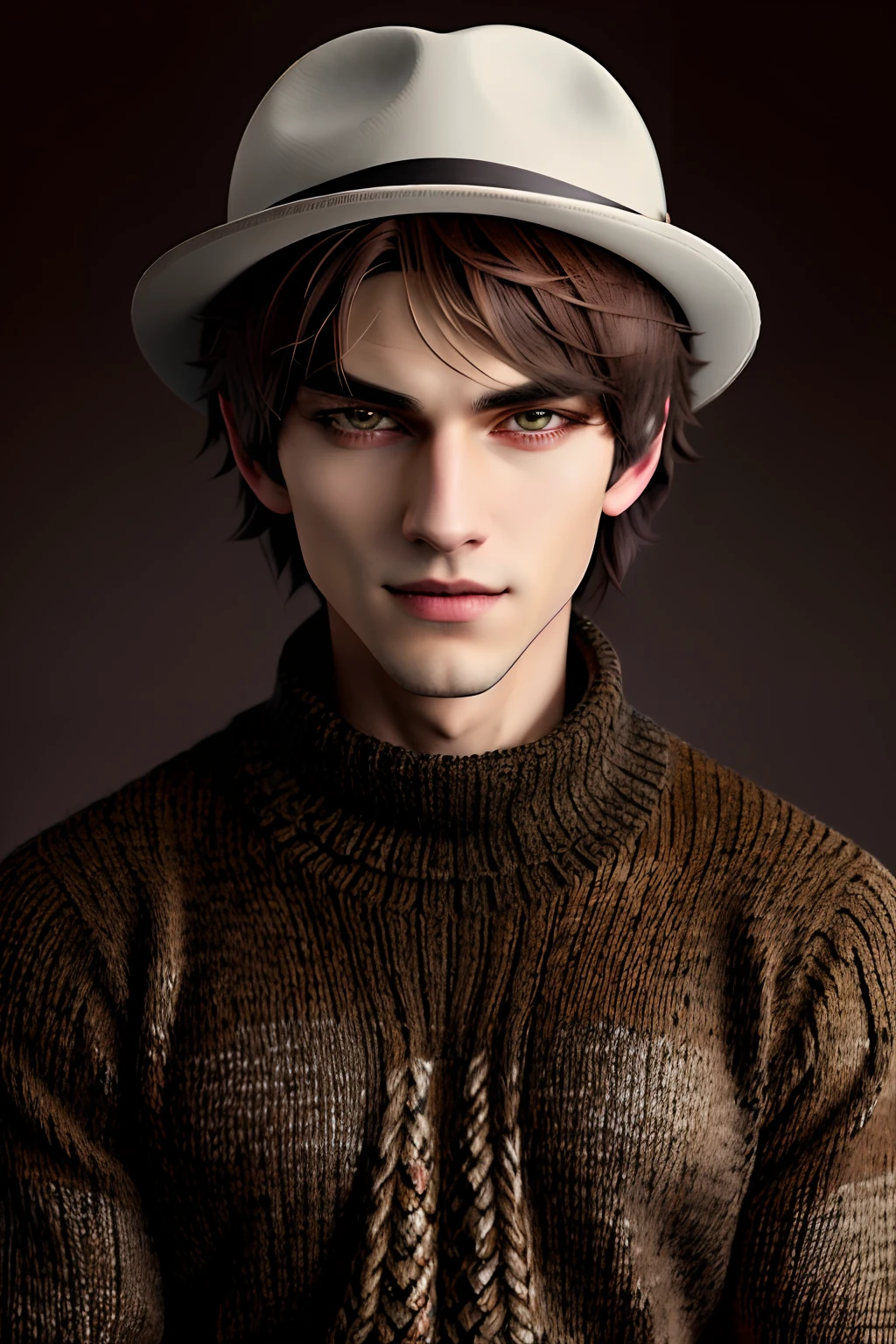 On his head is a man wearing a hat and a sweater, inspired by Kamisaka Sekka, Rogue grin, Author: Shingei, He is wearing a brown sweater, made with anime painter studio, Anime handsome, by Kamisaka Sekka, Kazuma Kaneko, inspired by Fujishima Takeji, inspired by Tsuruko Yamazaki