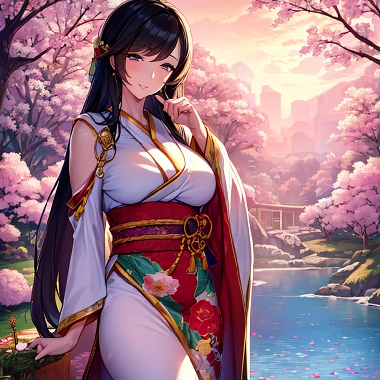 A mature female, milf, with a motherly aura, wearing a traditional kimono with intricate patterns. She exudes elegance and sophistication in her appearance. Her face shows fine lines that highlight her wisdom and experience, while her eyes sparkle with kindness and warmth. Her lips are soft and graceful, adding a touch of sensuality to her motherly charm. The kimono she wears is made of finely woven silk, with vibrant colors that symbolize her vibrant personality. The patterns on the kimono depict delicate flowers and birds, showcasing her love for nature. She stands tall, radiating confidence and grace, as if she carries the weight of the world with ease. The setting of the scene is a serene garden, filled with blooming cherry blossom trees and a tranquil pond. Soft sunlight filters through the trees, casting a gentle glow on her kimono and illuminating her serene expression. The overall image is of high quality, with ultra-detailed features and realistic textures. The colors are vivid and vibrant, capturing the beauty of the moment. The lighting is soft and diffused, giving the scene a dream-like atmosphere.