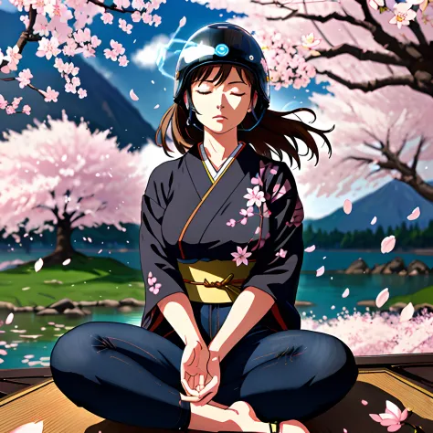 portrait, head on, (30 year old woman meditating in cherry blossom field), ((meditation position)), (quarter lotus) , sitting cr...