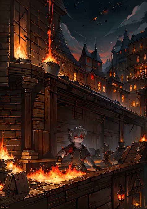 Masterpiece, high quality, digital painting/(artwork/), (anthro, fluffy fur), anthro male cat, short hair, eyes with brightness, panoramic view, (full body fur, fluffy tail, grey fur, red eyes, gray hair), blacksmith outfit, high detail background, forge, foundry, hot colors, sparks, welding