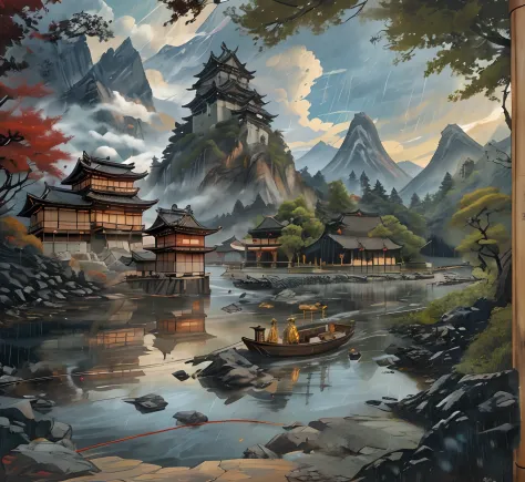 a painting of a mountain scene, Ancient Japanese fishing village at the foot of the mountain, fishing nets, Mountain river in da...