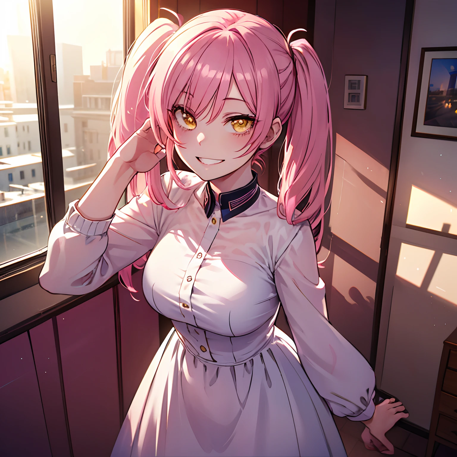 1girl, pink hair, twintails, long hair, medium breasts, yellow eyes, ultra detailed eyes, smile, big smile with teeth, happy expression, dress focus on face, room, window, ultra detailed, 8K wallpaper, reflection light, ray tracing, realistic