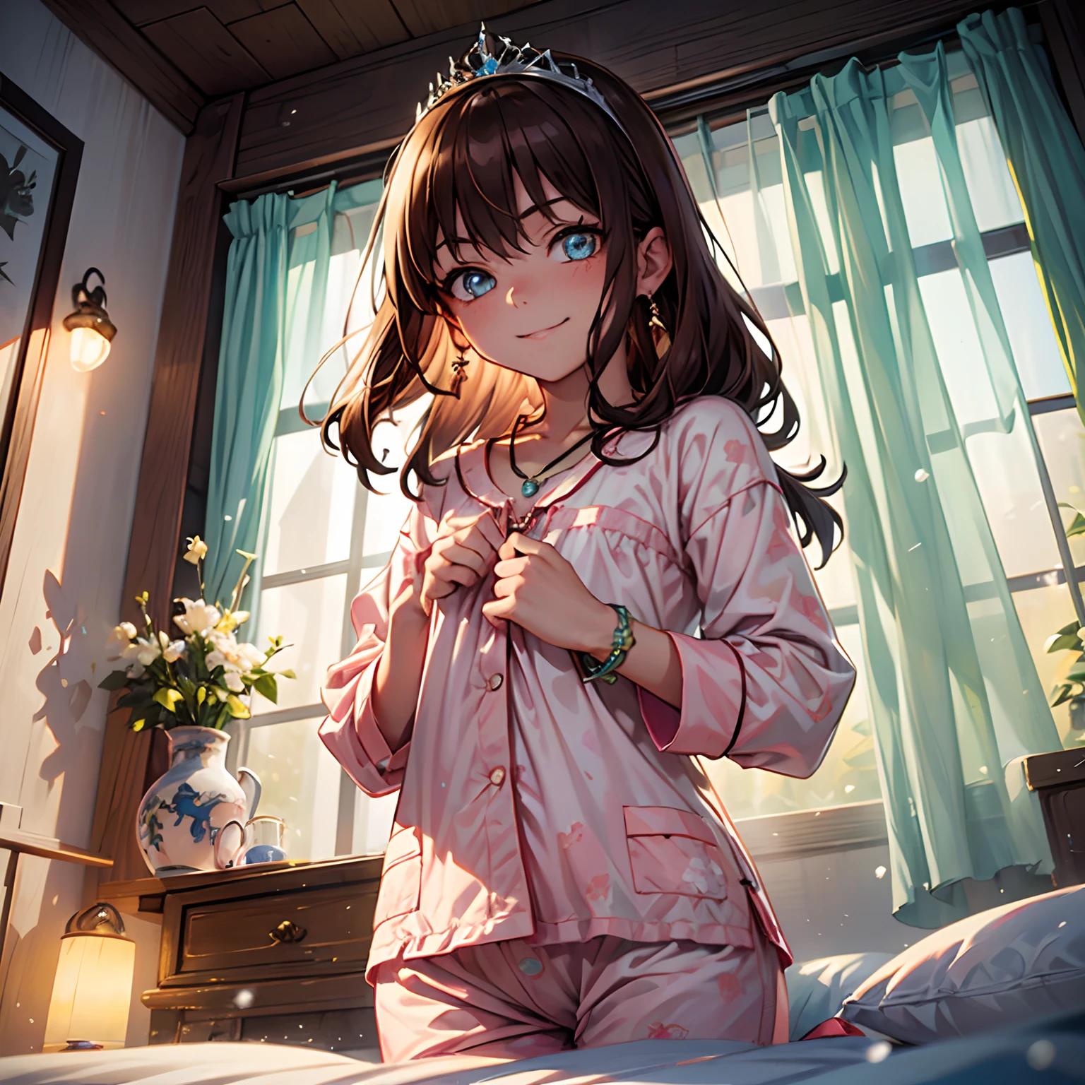 (solo), happiness, joyful, Ultra-detailed, Photorealistic, vibrant colors, snowfield, snow, (lonesome cold (winter night) background), darkness, pines, bed, curtains, falling snowflakes, innocent 1girl goddess, (cute pose), very mean, (evil smile), ((flat chest)), skinny, very thin, anorexic, ((young)), (bright pink floral pajama set), ribbon, handbag, purse, brown hair, luxurious jewelries, expensive necklaces, pearls, pendants, bracelets, earrings, ((tiara)), (blue glowing eyes), (looking down at viewer), hair ribbon, hair flower, (from below), (depth of field), cinematic lighting, close-up, masterpiece, (anatomically correct)