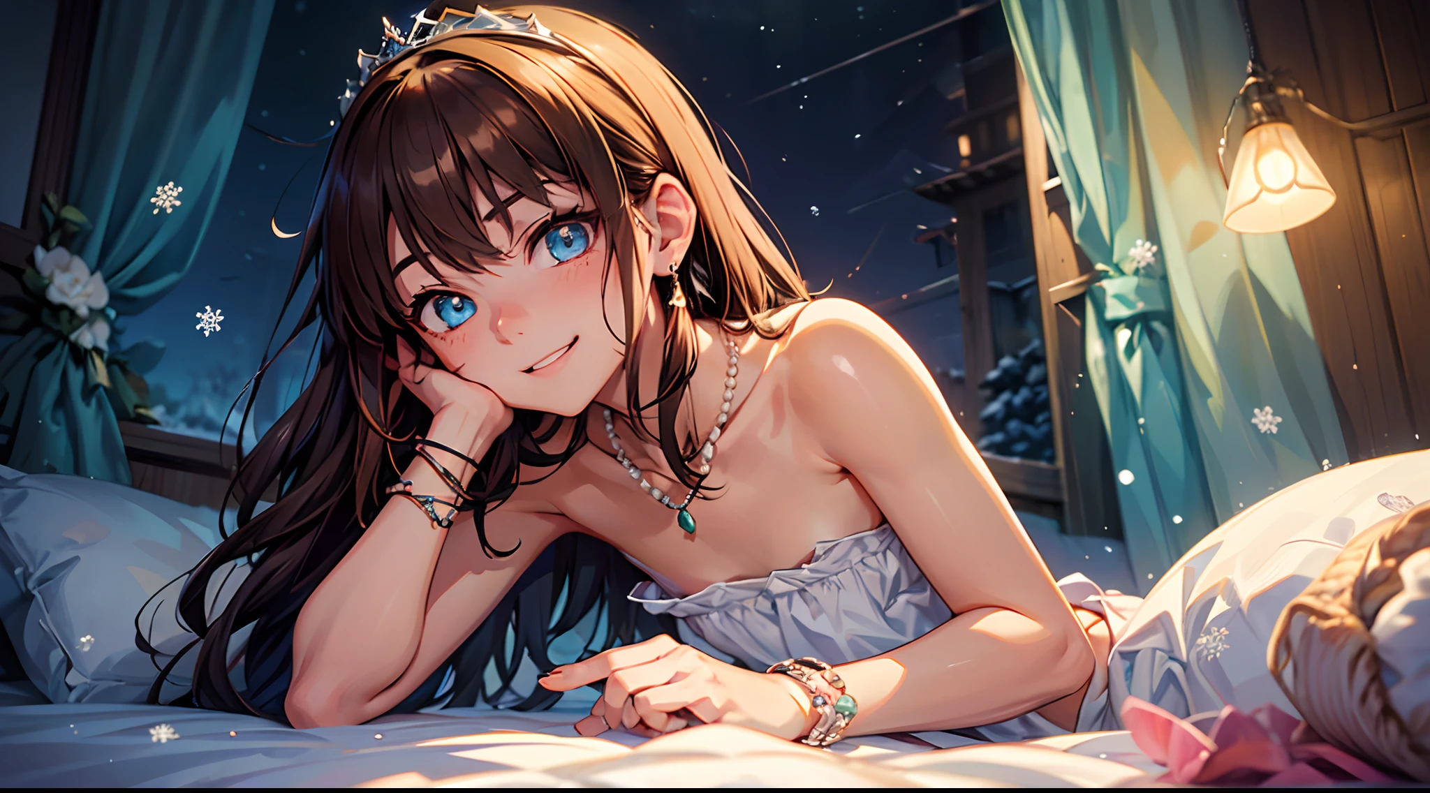 (solo), happiness, joyful, Ultra-detailed, Photorealistic, vibrant colors, snowfield, snow, (lonesome cold (winter night) background), darkness, pines, silk curtains, falling snowflakes, innocent 1girl goddess, laying in bed, (cute pose), very mean, (evil smile), ((flat chest)), skinny, very thin, anorexic, ((young)), (bright pink floral pajama set), ribbon, handbag, purse, brown hair, luxurious jewelries, expensive necklaces, pearls, pendants, bracelets, earrings, ((tiara)), (blue glowing eyes), (looking down at viewer), hair ribbon, hair flower, (from below), (depth of field), cinematic lighting, close-up, masterpiece, (anatomically correct)