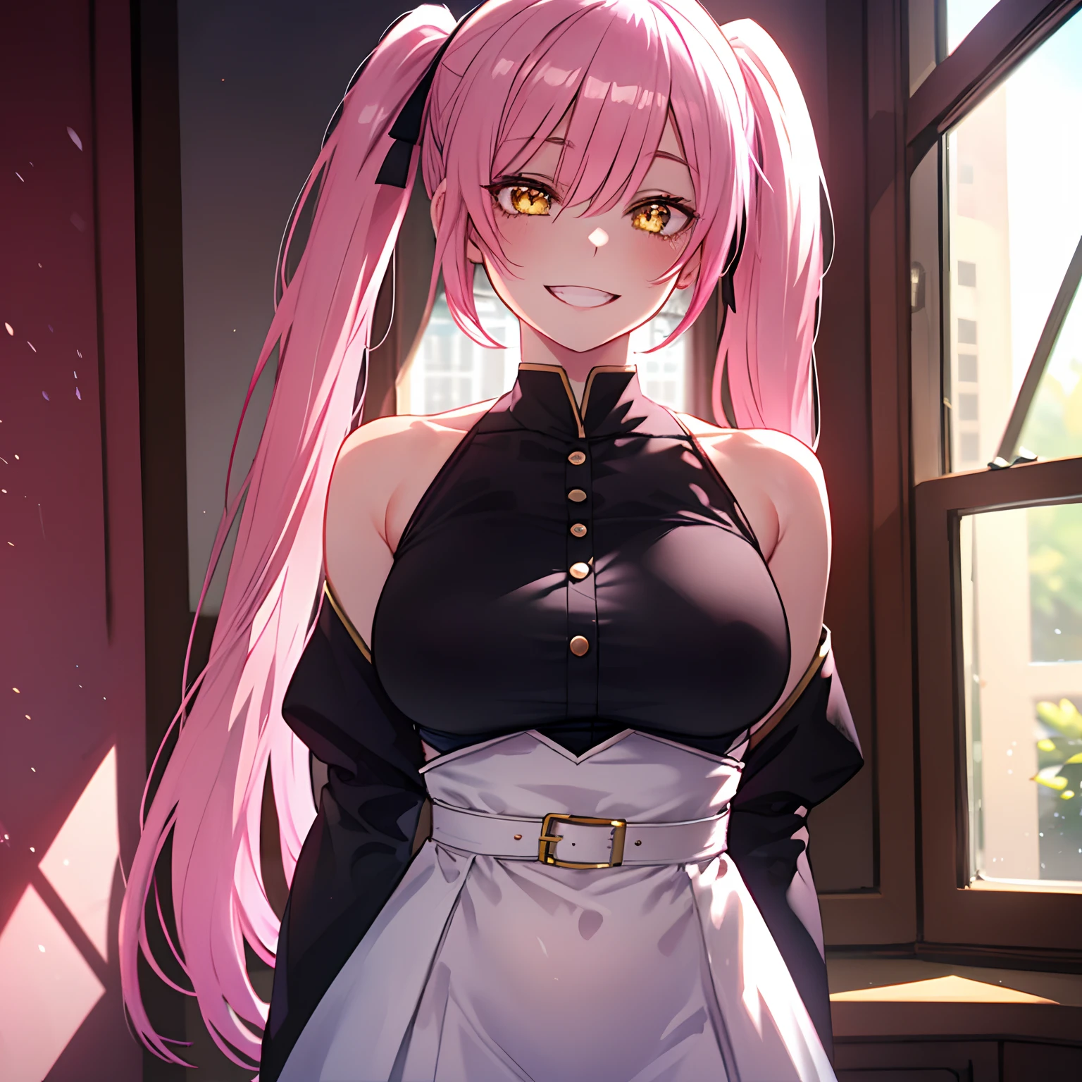 1girl, pink hair, twintails, long hair, medium breasts, yellow eyes, ultra detailed eyes, smile, big smile with teeth, happy expression, dress focus on face, room, window, ultra detailed, 8K wallpaper, reflection light, ray tracing, realistic