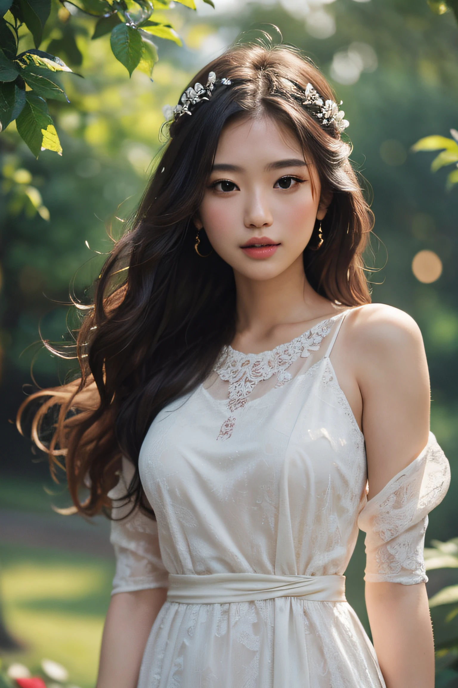 (masutepiece:1. 2), (Realistic:1. 4), (post processed:1. 3), (Sharp Focus:1. 3), 8K, mid-body shot (85mm Photo) , femele, Portrait, plein air, Empire Waist Dress, Bokeh, Wavy Hair , (Highly detailed body, Highly detailed face, Highly detailed eye, Best Quality:1. 2)