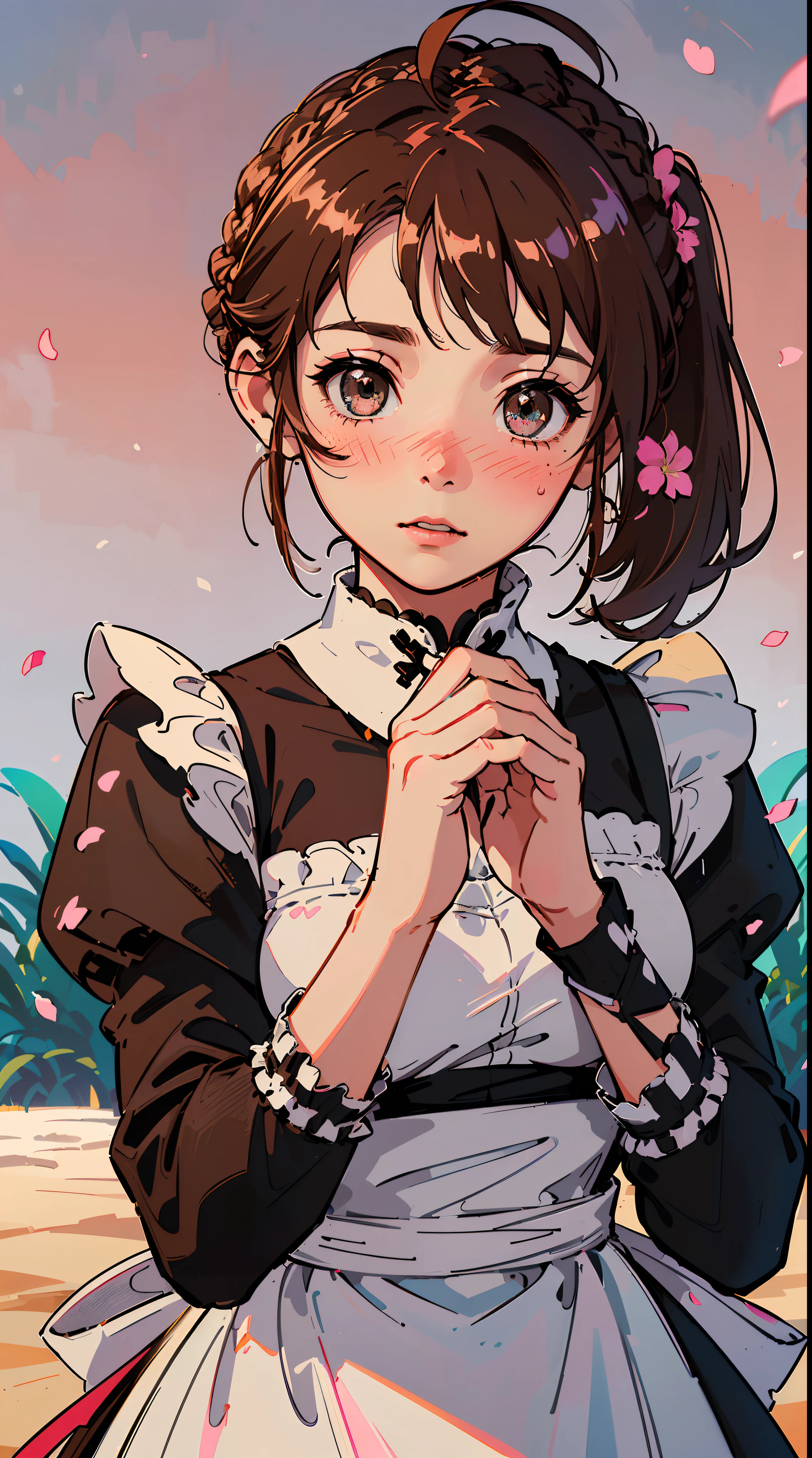 (((((((Blushing,cute cheeks,brown hair，gothic maid apron with flower))))))，((1girl,Solo,Amazing,Cute Korean mixed-race girl，rosto magro,))(Masterpiece,Best quality, offcial art, Beautiful and aesthetic:1.2),((HD,Golden ratio,)) (16k),((sakura petals,snow pieces)),(Physically-based rendering),((((on a desert,at night,)))) (((highdetailskin,)))，((hair crown)),((((detailed hairs|middle hair|french braid|knot top|soaked hair|side ponytail|ahoge)))),Slender,thicc,(masterpiece sidelighting),(The sheen),(Beautiful hair,Beautiful eyes,）[[Delicate fingers and hands:0.55]::0.85],(Detail fingers),(((Superior quality,)))),((unbelievable Ridiculous quality,)),((extremely_Detailed_Eyes_and_face)),Movie girl,(Dynamic configuration: 1.2),Brilliant, (Photorealistic), ((pink ribbon on hair)),Ultra-precise depiction, Ultra-detailed depiction